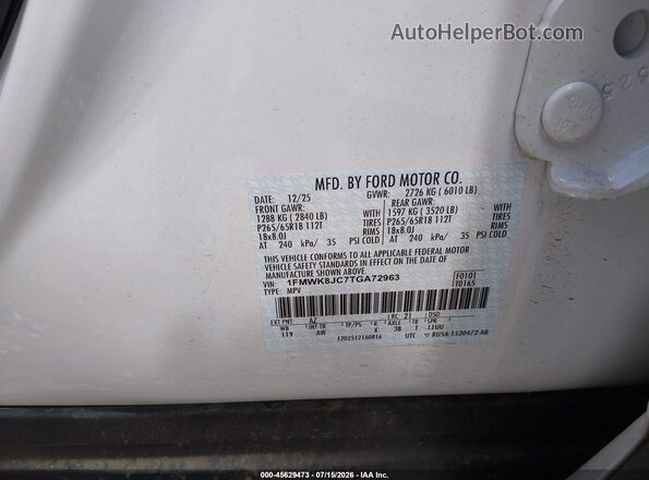 1FMWK8JC7TGA72963 2026 FORD EXPLORER White Vista del compartimento del motor