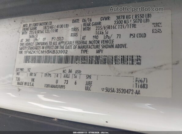1FMZK1CM1GKB33902 2016 FORD TRANSIT-150 White ძრავის განყოფილების ხედი