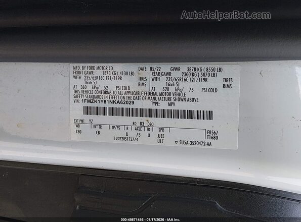 1FMZK1Y81NKA62029 2022 FORD TRANSIT White Вид підкапотного простору