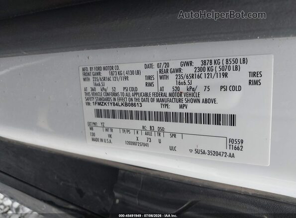 1FMZK1Y84LKB08613 2020 FORD TRANSIT-150 PASSENGER VAN White Widok komory silnika