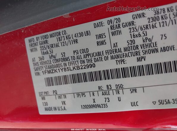 1FMZK1Y85LKB22990 2020 FORD TRANSIT-150 PASSENGER VAN Red Widok komory silnika
