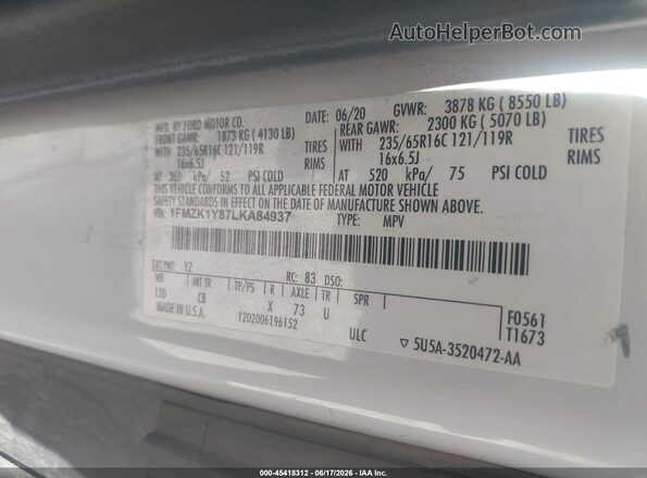 1FMZK1Y87LKA84937 2020 FORD TRANSIT-150 PASSENGER VAN White Engine compartment view