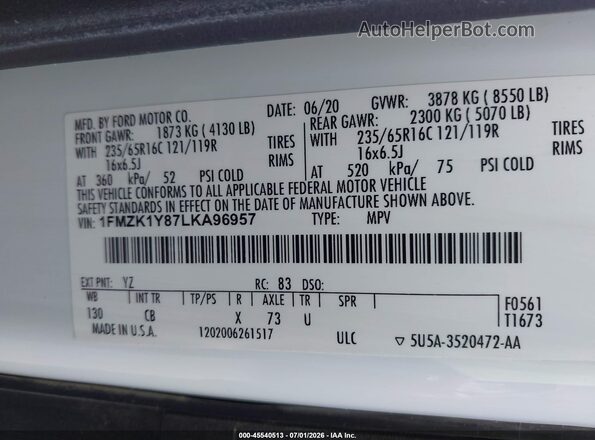 1FMZK1Y87LKA96957 2020 FORD TRANSIT-150 PASSENGER VAN White Engine compartment view