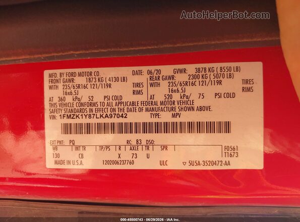 1FMZK1Y87LKA97042 2020 FORD TRANSIT-150 PASSENGER VAN Red Vista del compartimento del motor