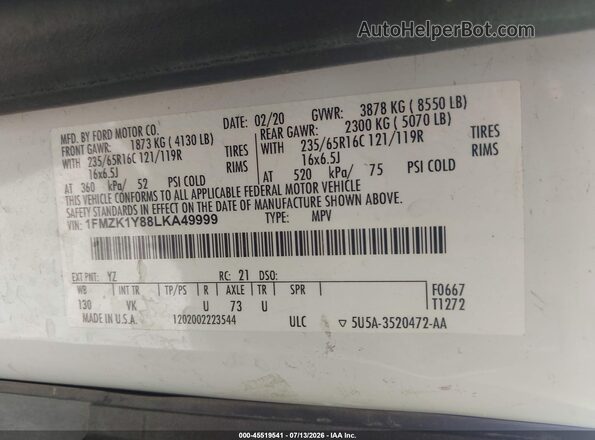 1FMZK1Y88LKA49999 2020 FORD TRANSIT-150 PASSENGER VAN White Rear right