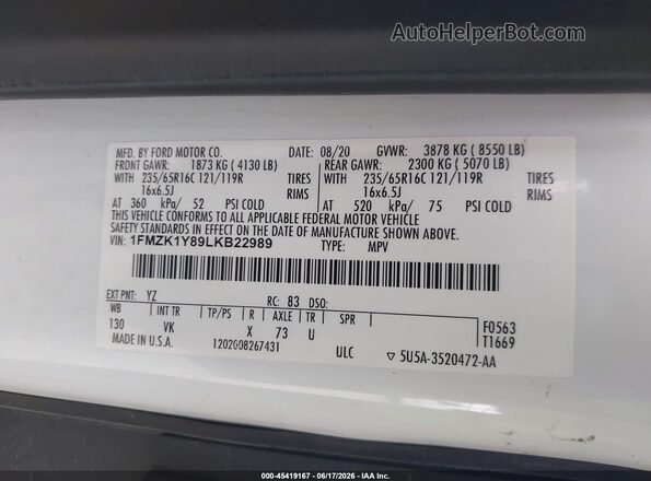 1FMZK1Y89LKB22989 2020 FORD TRANSIT-150 PASSENGER VAN White ძრავის განყოფილების ხედი