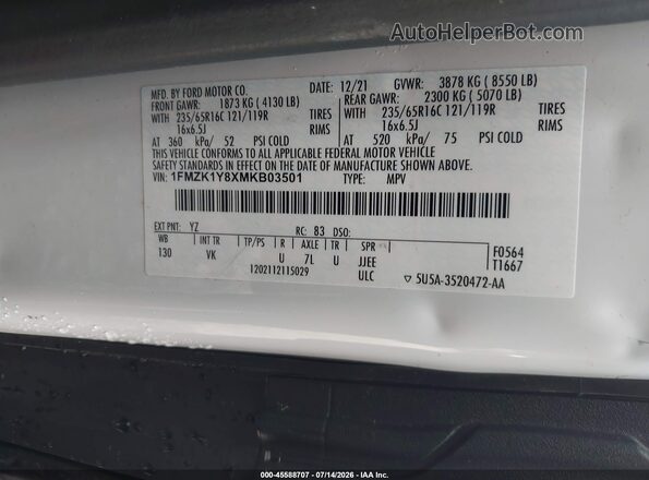 1FMZK1Y8XMKB03501 2021 FORD TRANSIT-150 PASSENGER VAN White Շարժիչի բաժամունքի տեսք
