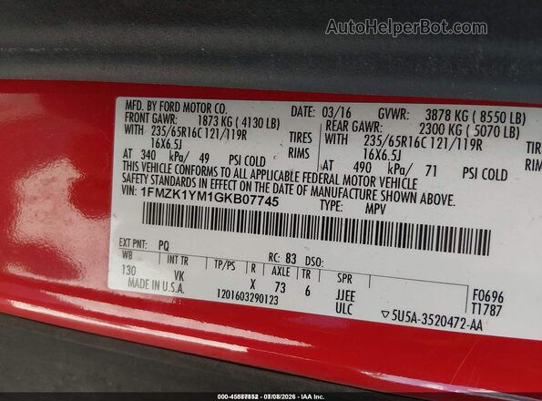 1FMZK1YM1GKB07745 2016 FORD TRANSIT-150 Red ძრავის განყოფილების ხედი