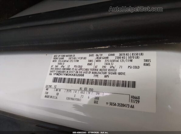 1FMZK1YM3KKB32008 2019 FORD TRANSIT-150 White Շարժիչի բաժամունքի տեսք