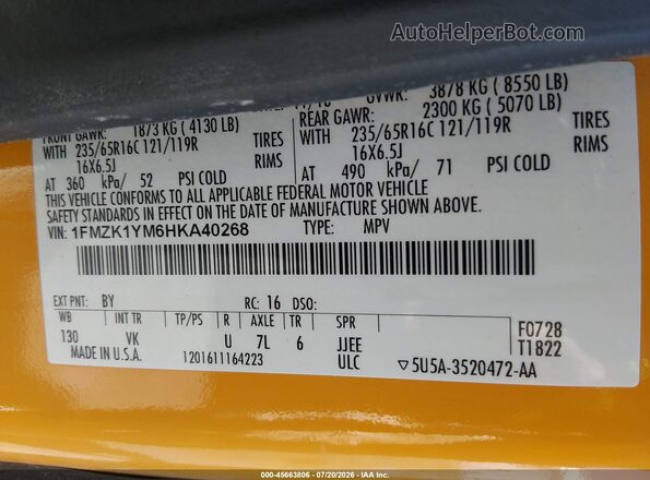 1FMZK1YM6HKA40268 2017 FORD TRANSIT-150 Желтый Вид подкапотного пространства
