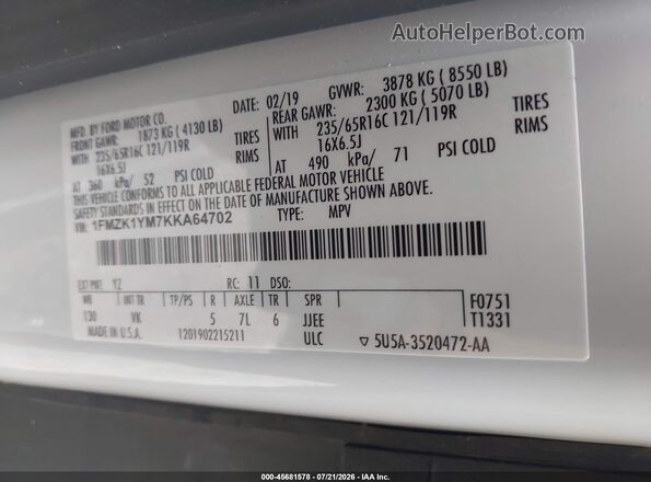 1FMZK1YM7KKA64702 2019 FORD TRANSIT-150 Белый Вид подкапотного пространства