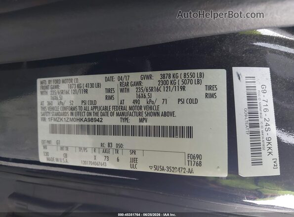 1FMZK1ZM0HKA98942 2017 FORD TRANSIT-150 Черный Вид подкапотного пространства