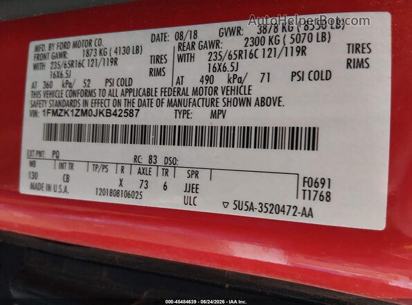 1FMZK1ZM0JKB42587 2018 FORD TRANSIT-150 Red Вид підкапотного простору