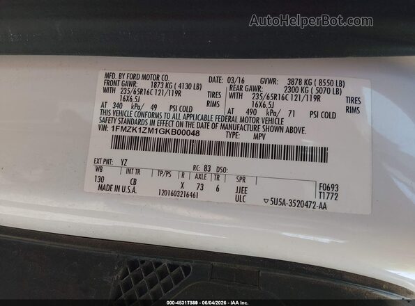 1FMZK1ZM1GKB00048 2016 FORD TRANSIT-150 White Vista del compartimento del motor