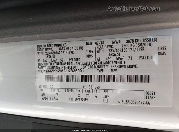 1FMZK1ZM2JKB36001 2018 FORD TRANSIT-150 White Շարժիչի բաժամունքի տեսք