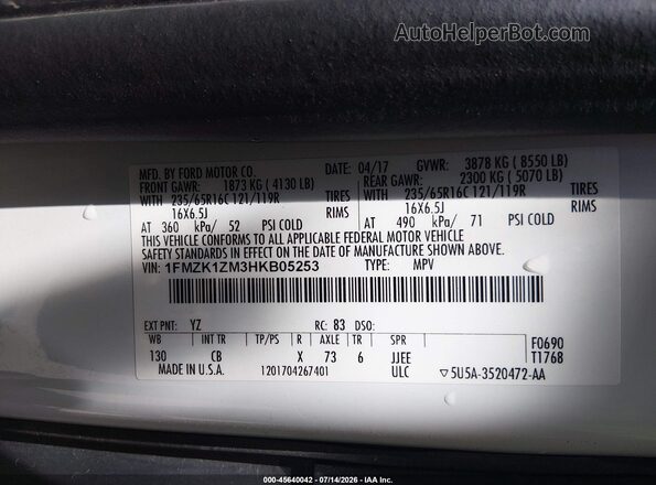 1FMZK1ZM3HKB05253 2017 FORD TRANSIT-150 White Շարժիչի բաժամունքի տեսք
