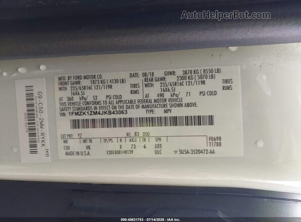 1FMZK1ZM4JKB43063 2018 FORD TRANSIT-150 White Widok komory silnika