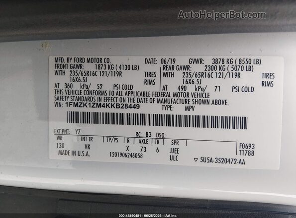 1FMZK1ZM4KKB28449 2019 FORD TRANSIT-150 White Вид підкапотного простору