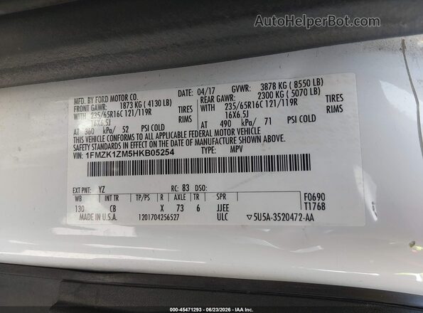 1FMZK1ZM5HKB05254 2017 FORD TRANSIT-150 White Շարժիչի բաժամունքի տեսք