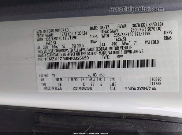 1FMZK1ZM8HKB26650 2017 FORD TRANSIT-150 White Vista del compartimento del motor