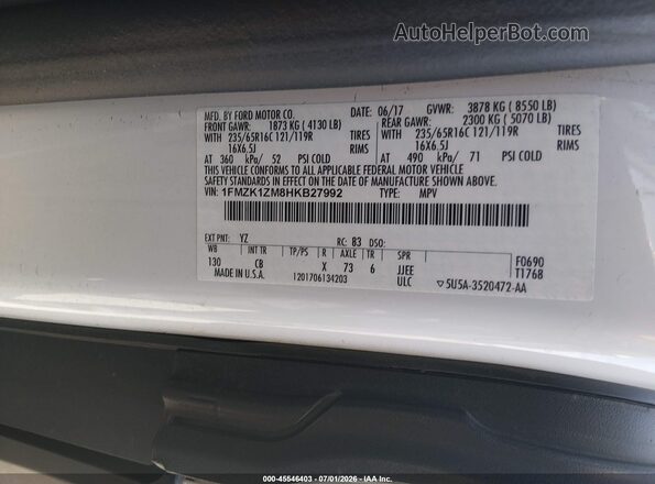 1FMZK1ZM8HKB27992 2017 FORD TRANSIT-150 White Widok komory silnika