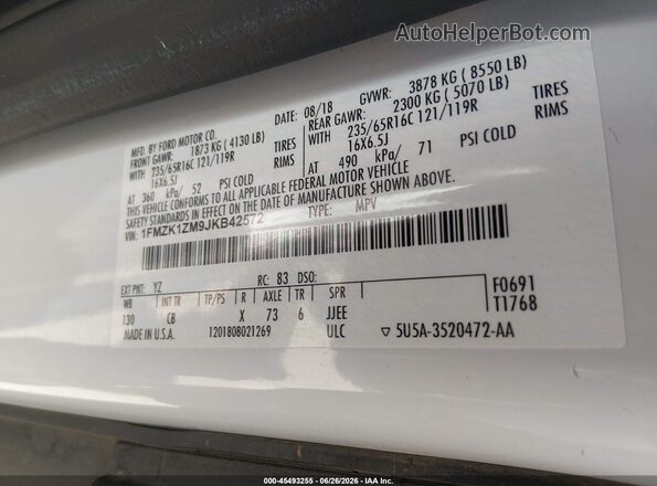 1FMZK1ZM9JKB42572 2018 FORD TRANSIT-150 White Engine compartment view