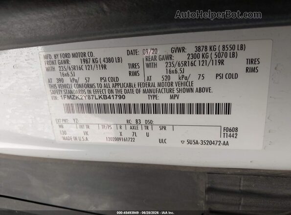 1FMZK2Y87LKB41790 2020 FORD TRANSIT-150 PASSENGER VAN White Շարժիչի բաժամունքի տեսք