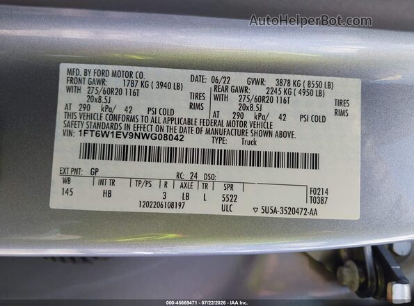 1FT6W1EV9NWG08042 2022 FORD F-150 LIGHTNING Silver ძრავის განყოფილების ხედი