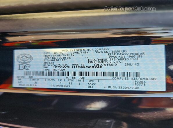 1FT6W3LU1SWG08246 2025 FORD F150 Black Vista de la etiqueta del VIN