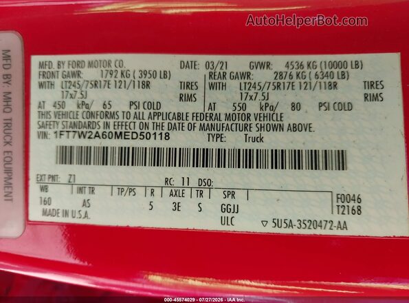 1FT7W2A60MED50118 2021 FORD F-250 Красный Вид подкапотного пространства