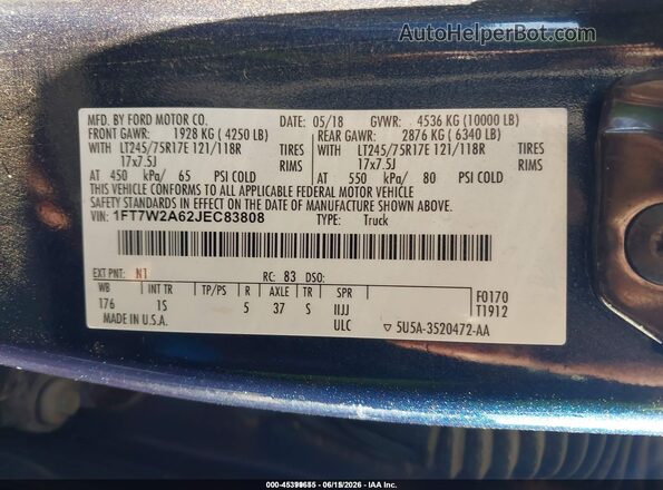 1FT7W2A62JEC83808 2018 FORD F-250 Blue Engine compartment view