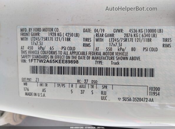 1FT7W2A65KEE89898 2019 FORD F-250 White Widok komory silnika