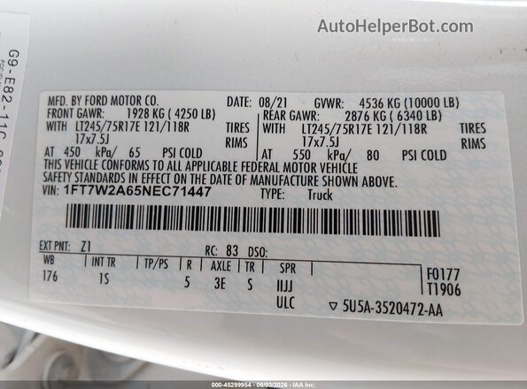 1FT7W2A65NEC71447 2022 FORD F-250 White ძრავის განყოფილების ხედი