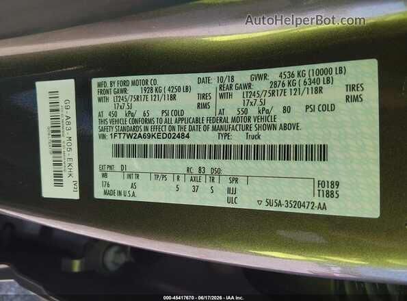 1FT7W2A69KED02484 2019 FORD F-250 Pewter Vista del compartimento del motor