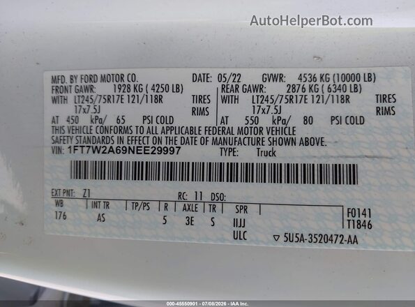 1FT7W2A69NEE29997 2022 FORD F-250 White Вид підкапотного простору
