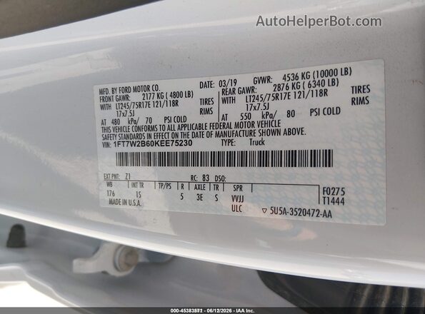 1FT7W2B60KEE75230 2019 FORD F-250 White Engine compartment view