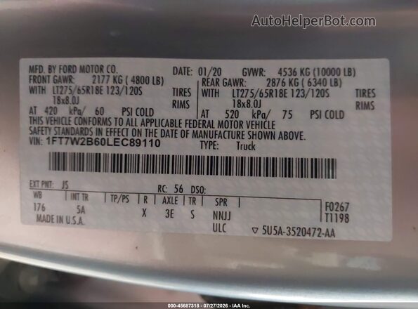1FT7W2B60LEC89110 2020 FORD F-250 Silver Вид підкапотного простору
