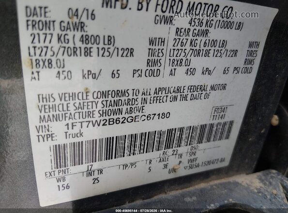 1FT7W2B62GEC67180 2016 FORD F-250 Gray Vista del compartimento del motor