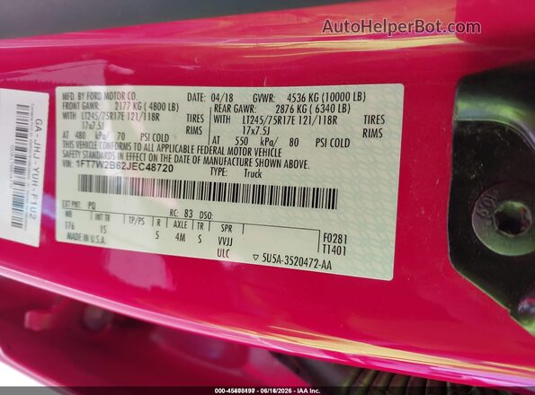 1FT7W2B62JEC48720 2018 FORD F-250 Red Vista del compartimento del motor