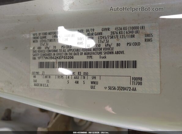 1FT7W2B62KEF03206 2019 FORD F-250 White Շարժիչի բաժամունքի տեսք