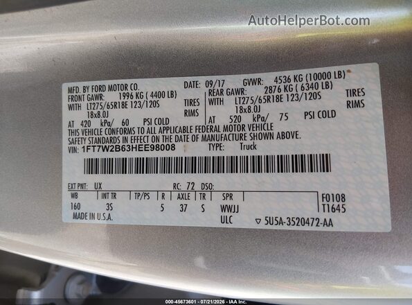 1FT7W2B63HEE98008 2017 FORD F-250 Silver Vista del compartimento del motor