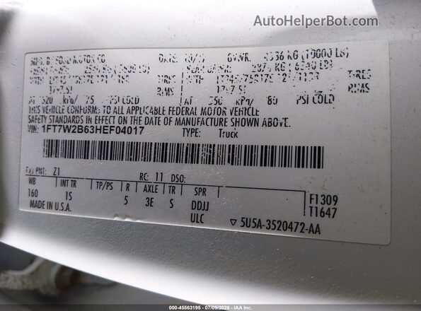 1FT7W2B63HEF04017 2017 FORD F-250 White Vista del compartimento del motor