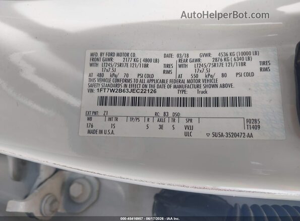 1FT7W2B63JEC22126 2018 FORD F-250 White ძრავის განყოფილების ხედი