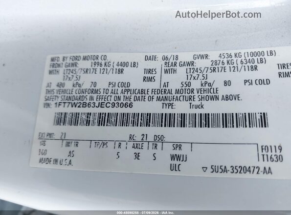 1FT7W2B63JEC93066 2018 FORD F-250 White Շարժիչի բաժամունքի տեսք