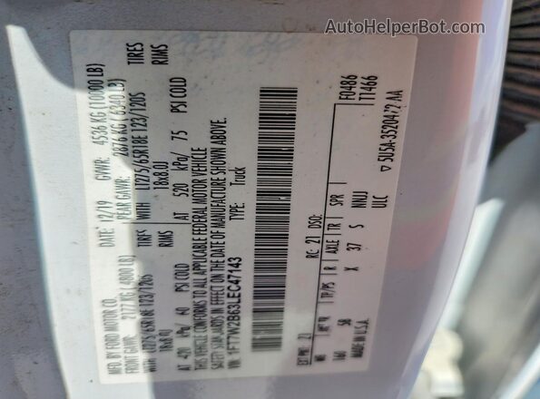1FT7W2B63LEC47143 2020 FORD F250 White Vista de la etiqueta del VIN