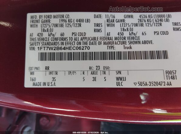 1FT7W2B64HEC06270 2017 FORD F-250 Burgundy ძრავის განყოფილების ხედი
