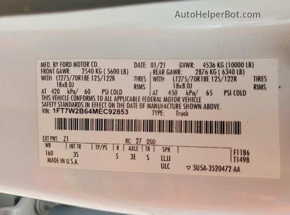 1FT7W2B64MEC92853 2021 FORD F250 White Widok naklejki z numerem VIN