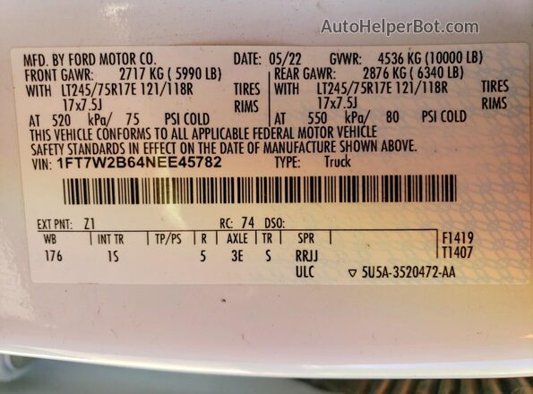 1FT7W2B64NEE45782 2022 FORD F250 White Widok komory silnika