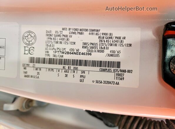 1FT7W2B64NEE46396 2022 FORD F250 White Շարժիչի բաժամունքի տեսք