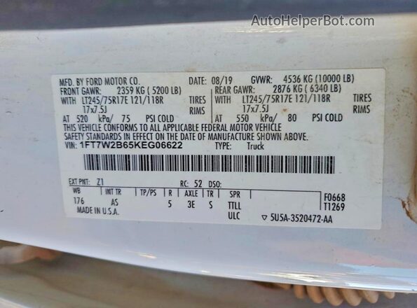 1FT7W2B65KEG06622 2019 FORD F250 Белый Вид подкапотного пространства